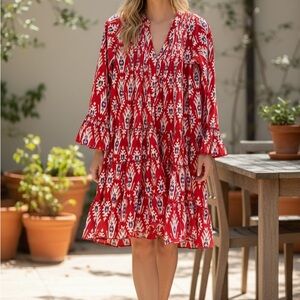 Red Ikat Printed Tiered V-Neck Women's Dress